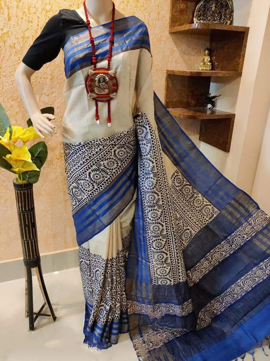 Blue Block Printed Pure Silk Mark Certified Tussar Silk Sarees ( FLAT 15% DISCOUNT AVAILABLE ) Limited time Offer