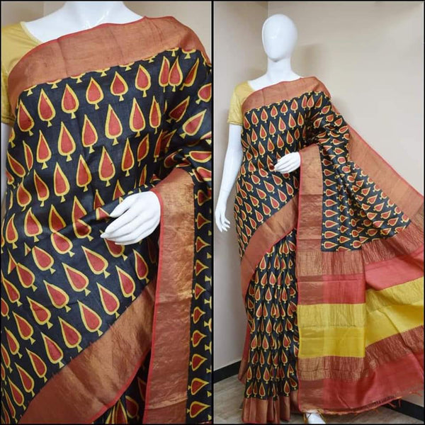 Black Block Printed Pure Silk Mark Certified Tussar Silk Sarees ( FLAT 15% DISCOUNT AVAILABLE ) Limited time Offer