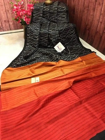 Black Block Printed Pure Silk Mark Certified Tussar Silk Sarees ( FLAT 15% DISCOUNT AVAILABLE ) Limited time Offer