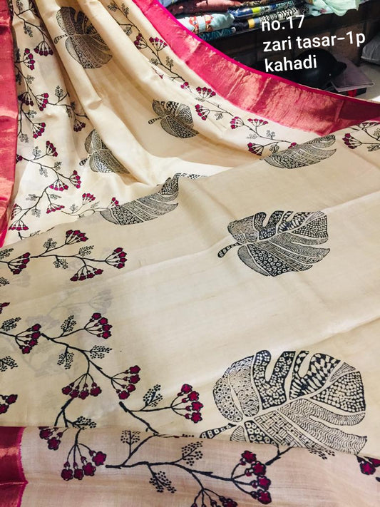 Beige Wonders Hand Printed Zari Border Pure Silk Mark Certified Tussar Silk Sarees - Dailybuyys
