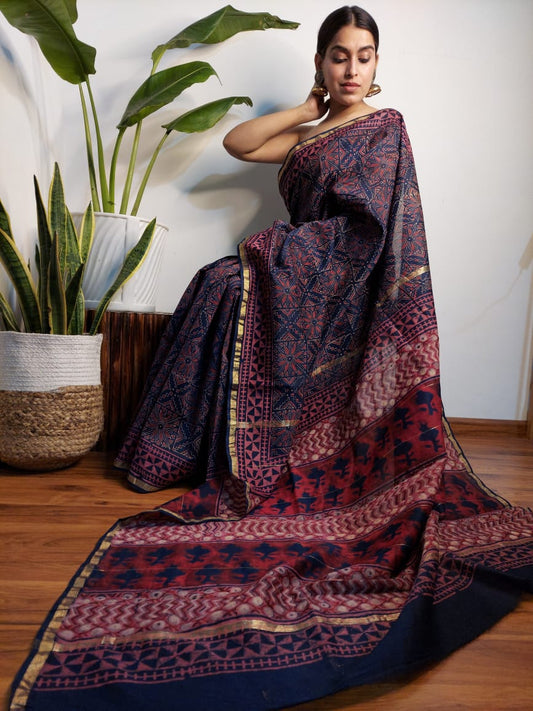 Ink Blue Bagru Print Chanderi Silk Sarees