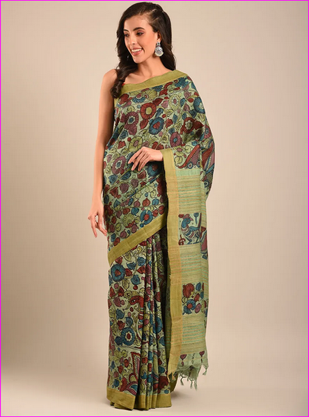 Green Hand Painted Pure Silk Mark Certified Tussar Silk Kalamkari Sarees