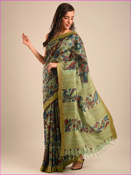 Green Hand Painted Pure Silk Mark Certified Tussar Silk Kalamkari Sarees