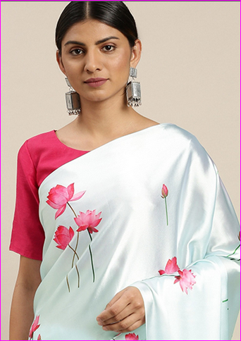 Bluish White Floral Hand Painted Silk Mark Certified Bishnupuri Silk Sarees