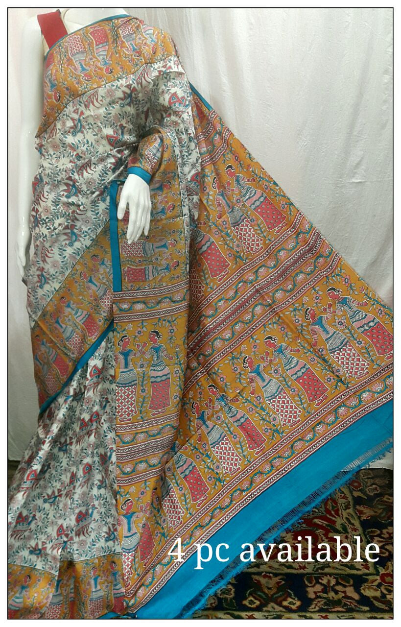 Beige Pure Silk Mark Certified Tussar Silk Madhubani Sarees