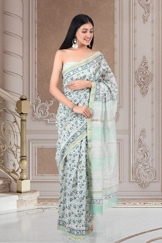 Light Blue Bagru Printed Pure Chanderi Silk Sarees