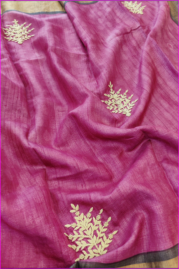 Pink Embroidery Work Pure Silk Mark Certified Tussar Silk Sarees