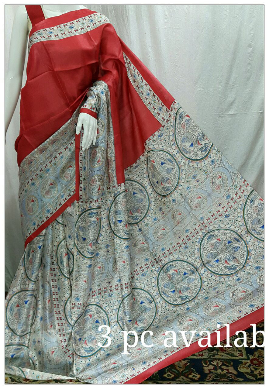 Red & White Pure Silk Mark Certified Tussar Silk Madhubani Sarees