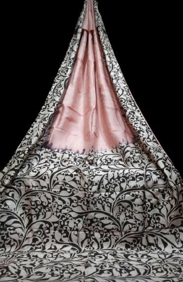 Pastel Pink Leaf Pattern Pure Silk Mark Certified Bishnupuri Silk Sarees