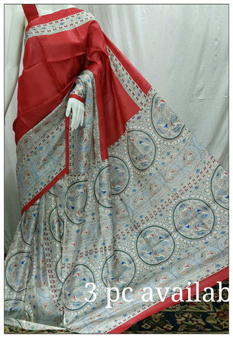 Red & White Pure Silk Mark Certified Tussar Silk Madhubani Sarees