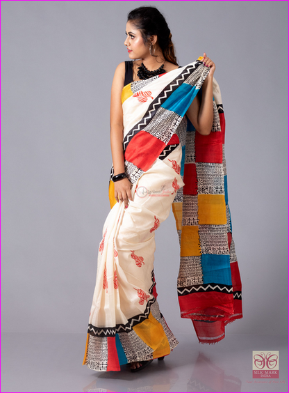 White  Block Printed Silk Mark Certified Bishnupuri Silk Sarees