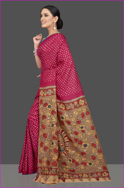 Red Block & Hand Painted Kalamkari Silk Mark Certified Bishnupuri Silk Sarees