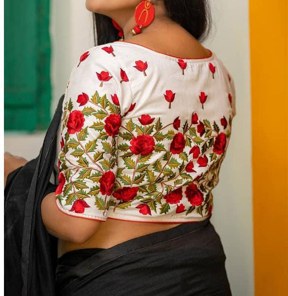 Floral Embroidery Boat Neck Piping detailing Blouses(Add To Cart 15% Off)