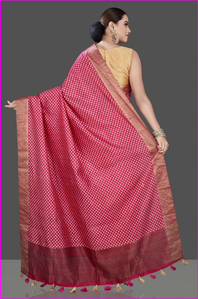 Red Block Print Pure Silk Mark Certified Tussar Silk Sarees