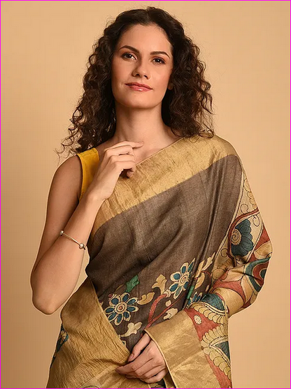 Coffee color Multi Colour Pure Silk Mark Certified Tussar Silk Kalamkari Sarees