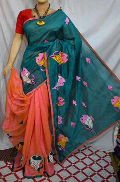 Green Pink Chanderi Applique Sarees