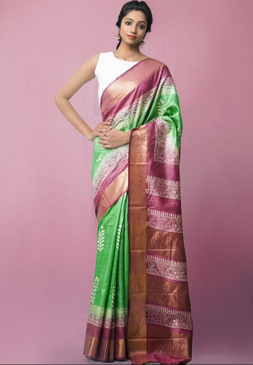 Block Printed Zari Border Pure Silk Mark Certified Tussar Silk Sarees