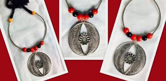 German Silver Hashuli and German Silver  Pendant with Black Trassale and Earrings - Dailybuyys