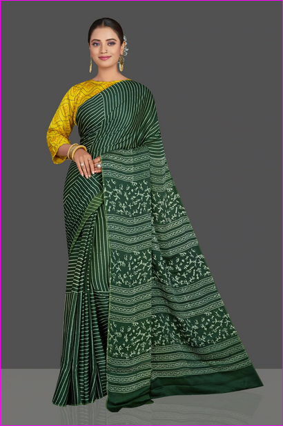 Green Block Print Silk Mark Certified Bishnupuri Silk Sarees