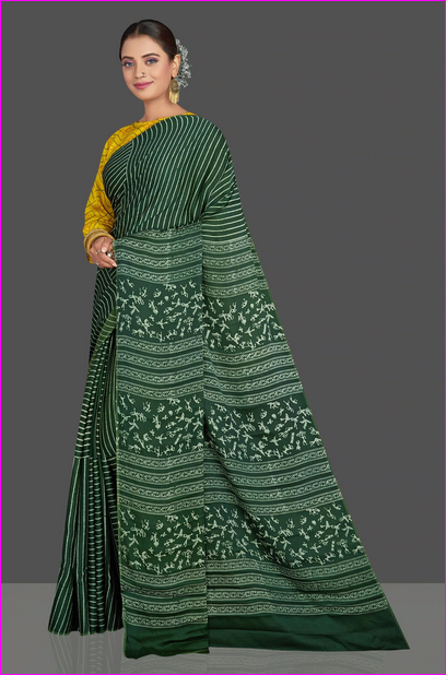 Green Block Print Silk Mark Certified Bishnupuri Silk Sarees