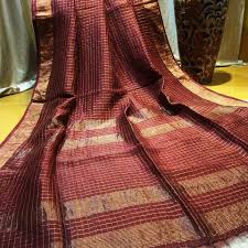 Brown Check Pure Linen Sarees