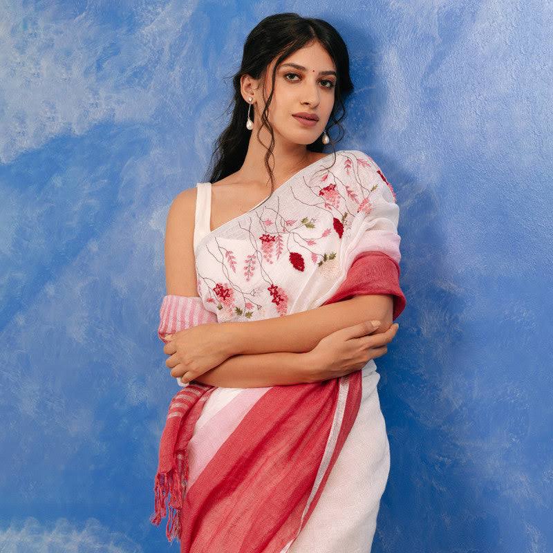 White And Pink Color Floral Embroidery Linen Design Sarees