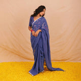 Blue Color Floral Embroidery Linen Design Sarees