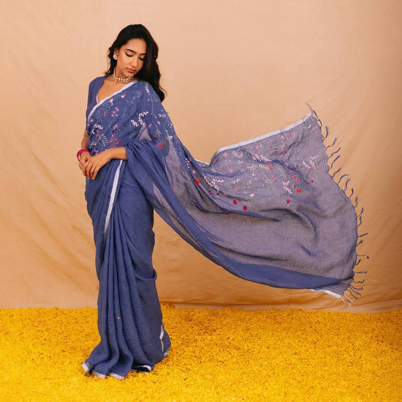 Blue Color Floral Embroidery Linen Design Sarees