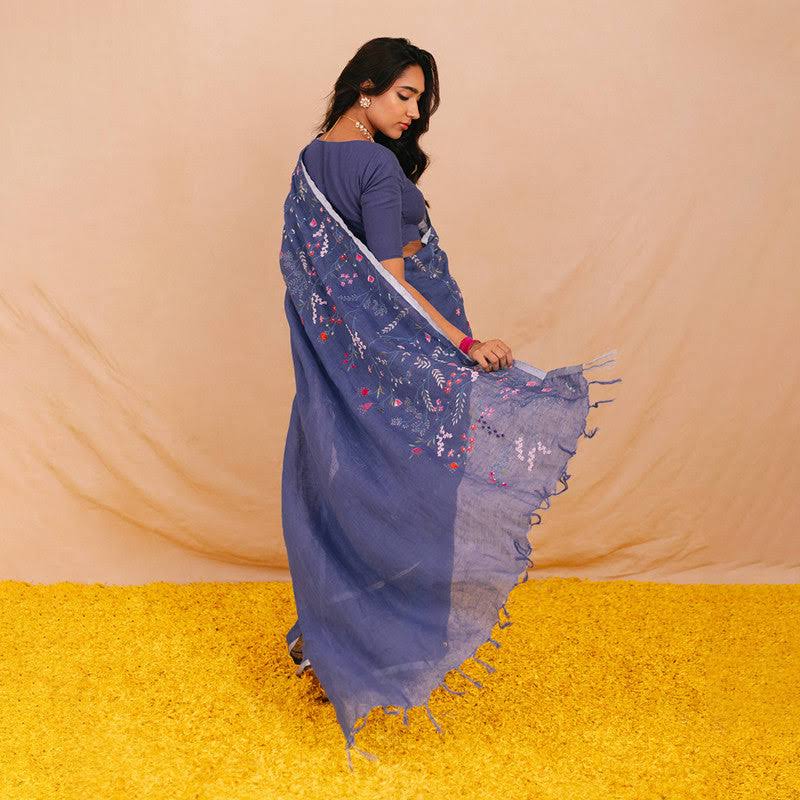 Blue Color Floral Embroidery Linen Design Sarees