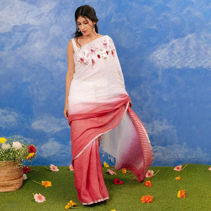 White And Pink Color Floral Embroidery Linen Design Sarees