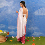 White And Pink Color Floral Embroidery Linen Design Sarees