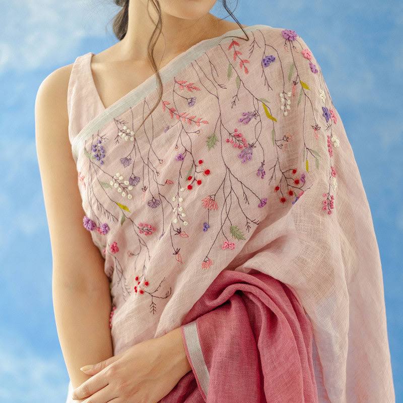 Pure Soft Cotton Pink Mulmul Embroidery Sarees