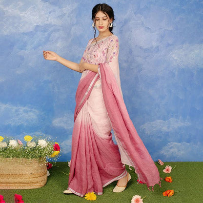 Pink Color Floral Embroidery Linen Design Sarees