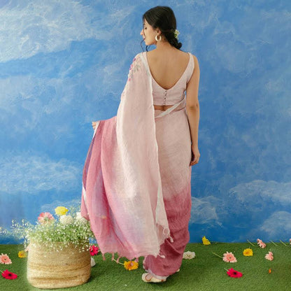 Pink Color Floral Embroidery Linen Design Sarees