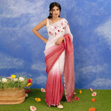 White And Pink Color Floral Embroidery Linen Design Sarees