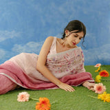 Pink Color Floral Embroidery Linen Design Sarees