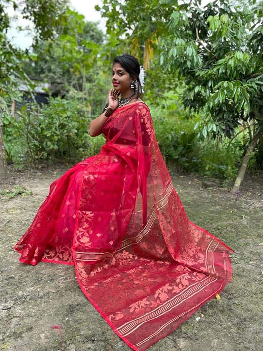 Red Silk Mark Certified Muslin Jori Work Saree