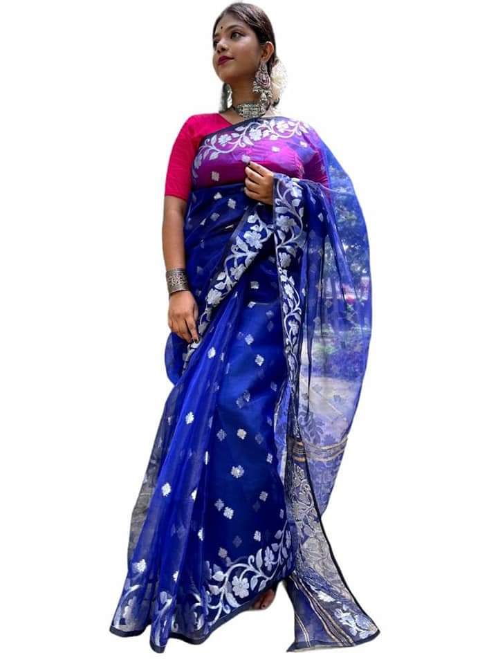 Blue Pure Silk Mark Certified Muslin Silver Jori Saree