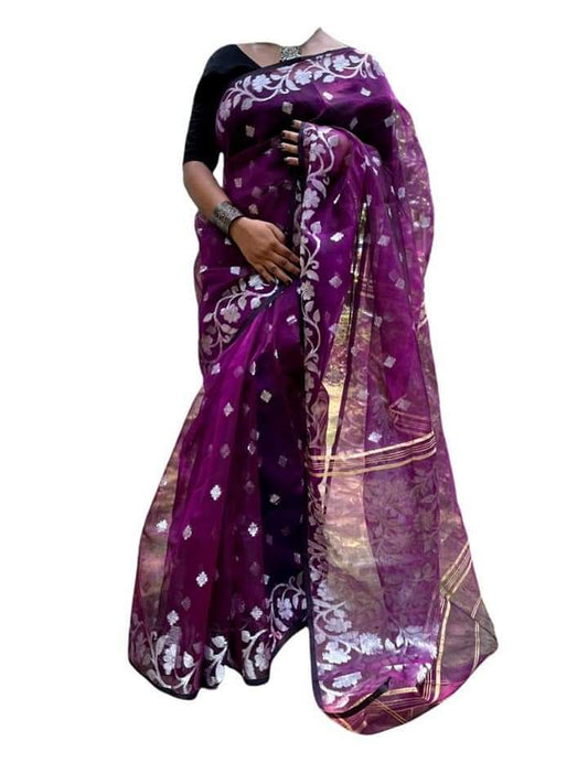 Violet Silk Mark Certified Muslin Jori Work Saree