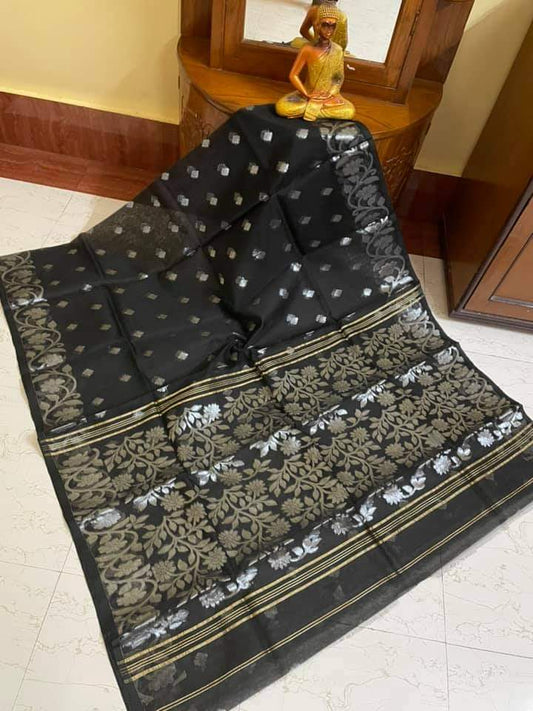 Black Silk Mark Certified Muslin Jori Work Saree