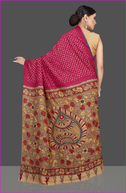 Red Block & Hand Painted Kalamkari Silk Mark Certified Bishnupuri Silk Sarees