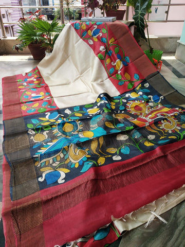 Beige And MultiColour Zari Hand Painted  Pure Silk Mark Certified Tussar Kalamkari Sarees