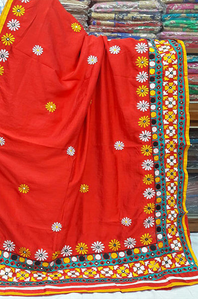 Orange Dupion Silk Kathiawari Sarees