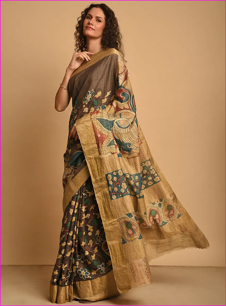 Coffee color Multi Colour Pure Silk Mark Certified Tussar Silk Kalamkari Sarees