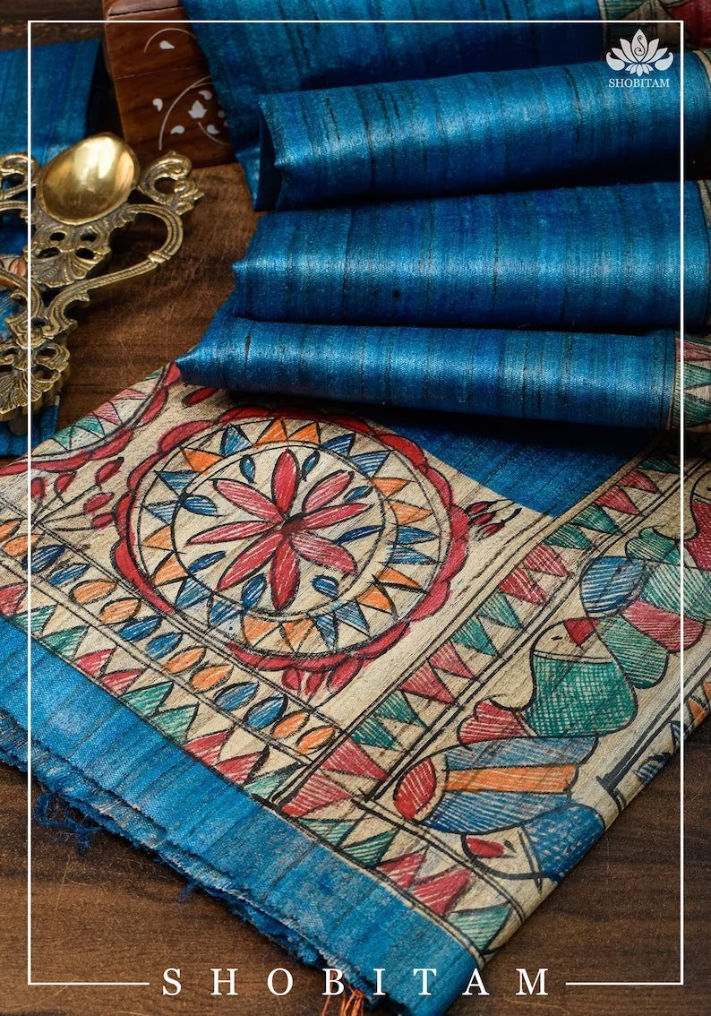 Blue Beige Madhubani Hand Painted Pure Silk Mark Certified Tussar Ghicha Silk Sarees