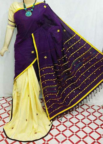 Beige Violet Mirror Work Khesh Sarees