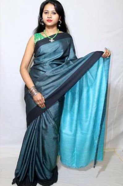 Sky Blue Pure Silk Mark Certified Tussar Ghicha Silk Sarees - Dailybuyys