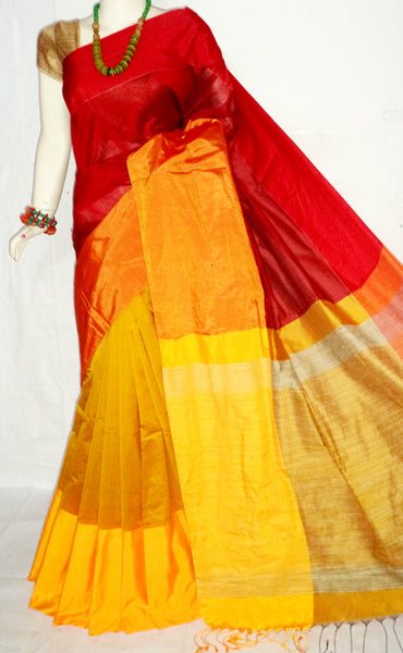 Red Yellow Mahapar Pure Cotton Silk Sarees