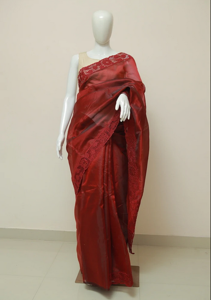 Red Cut Work Pure Silk Mark Certified Tussar Silk Sarees