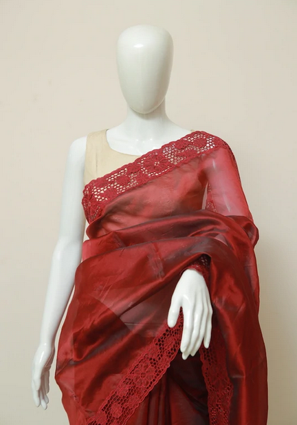 Red Cut Work Pure Silk Mark Certified Tussar Silk Sarees